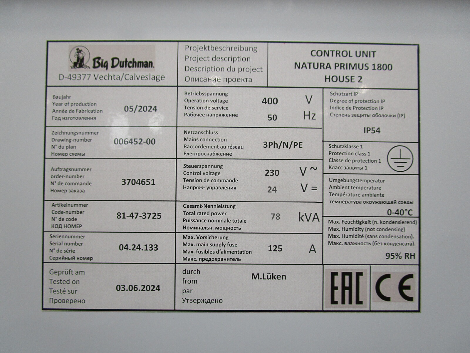 Control Cabinet Natura Primus 1800, upper level, house 2